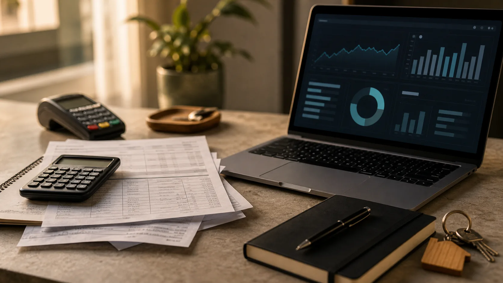 Mesa com relatório financeiro, notebook com dashboard, calculadora e chaves de imóvel
