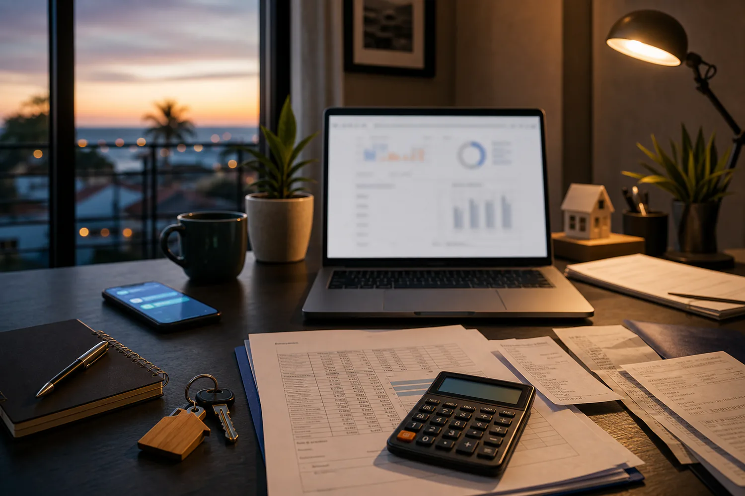 Mesa de fechamento financeiro com notebook, recibos, calculadora, celular e chaves de imóvel
