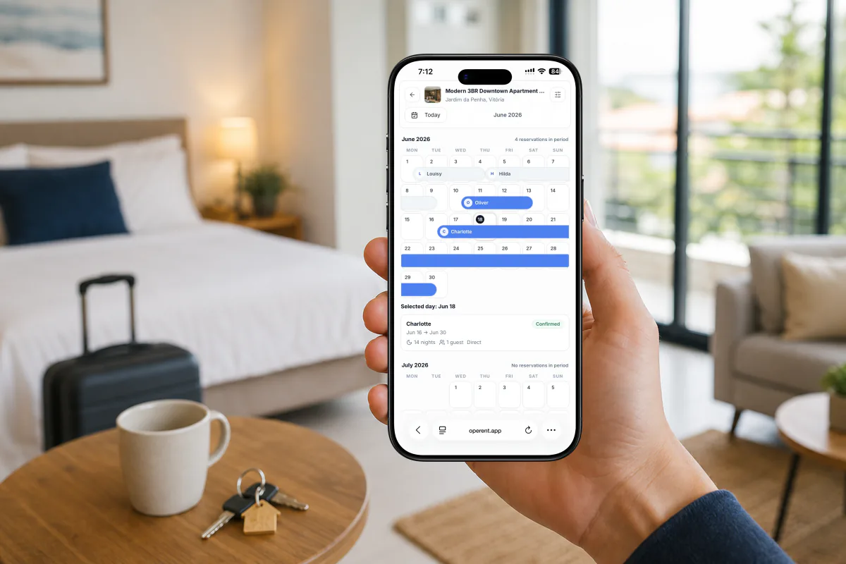 Hand holding a phone with Operent booking calendar inside a short-term rental prepared for guests
