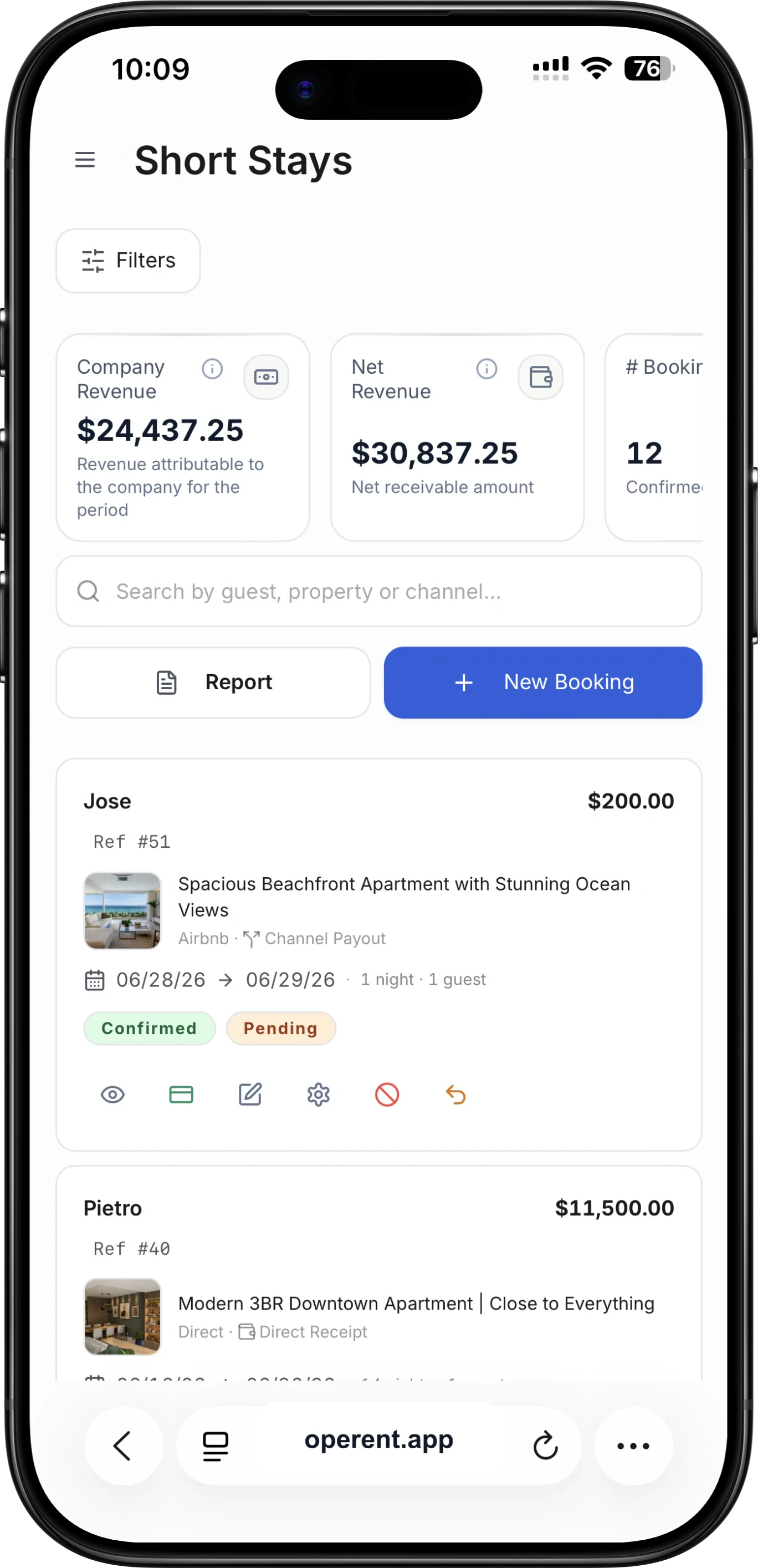 Operent mobile short-term bookings screen with filters, indicators and bookings