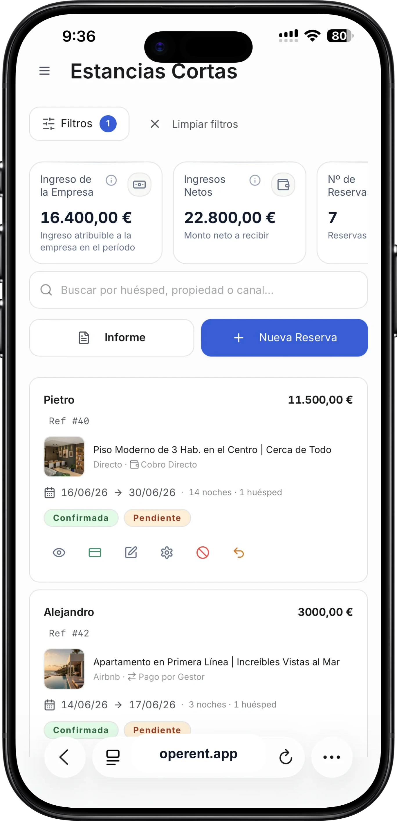 Pantalla mobile de reservas de alquiler vacacional de Operent con filtros, indicadores y reservas